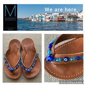 Mykonos Girls Leather Flip Flop Thong Sandal with Blue Glass Beads. Size 7. EUC.